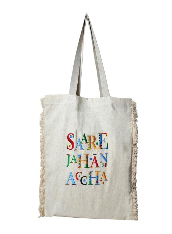MaatirDesigns Maatir India Slogan Embroidered Canvas Shopper Cream Tote Bag | Unisex tote bag | Embroidered canvas tote bag | stylish bags for unisex | 100% Cotton Reusable Embroidered Shopping Bags - Image 1