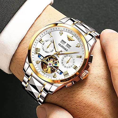 OUPINKE Mens Watches Big Face Skeleton Automatic Mechanical Two Tone Tungsten Steel Luminous Business Wristwatch 160FT Waterproof Self Winding White - Image 2