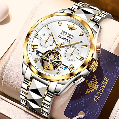 OUPINKE Mens Watches Big Face Skeleton Automatic Mechanical Two Tone Tungsten Steel Luminous Business Wristwatch 160FT Waterproof Self Winding White - Image 4