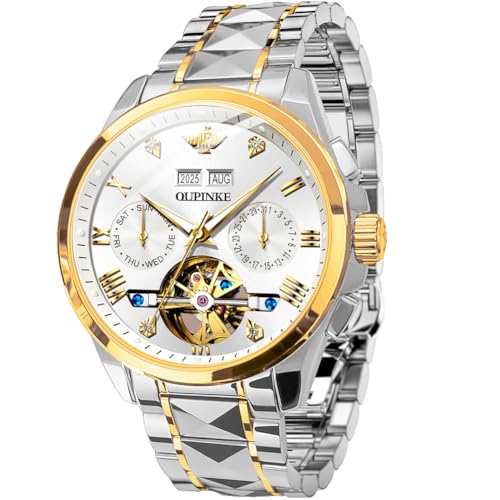 OUPINKE Mens Watches Big Face Skeleton Automatic Mechanical Two Tone Tungsten Steel Luminous Business Wristwatch 160FT Waterproof Self Winding White - Image 1