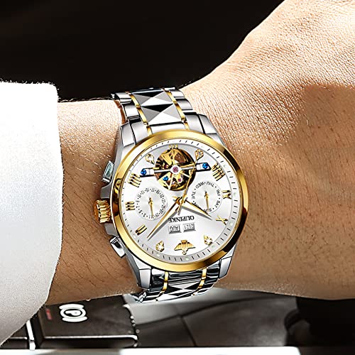 OUPINKE Mens Watches Big Face Skeleton Automatic Mechanical Two Tone Tungsten Steel Luminous Business Wristwatch 160FT Waterproof Self Winding White - Image 3