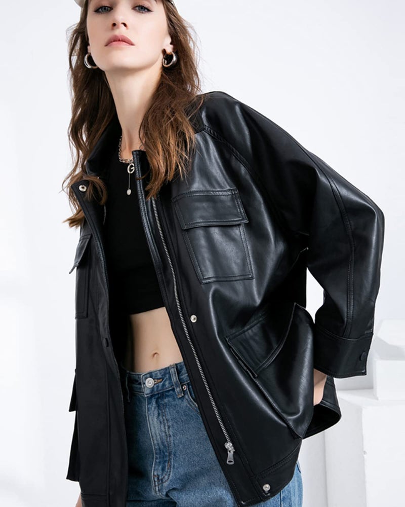 LY VAREY LIN Women Faux Leather Belted Shirt Jacket Lapel Blazer Coat with Bust Pocket - Image 3