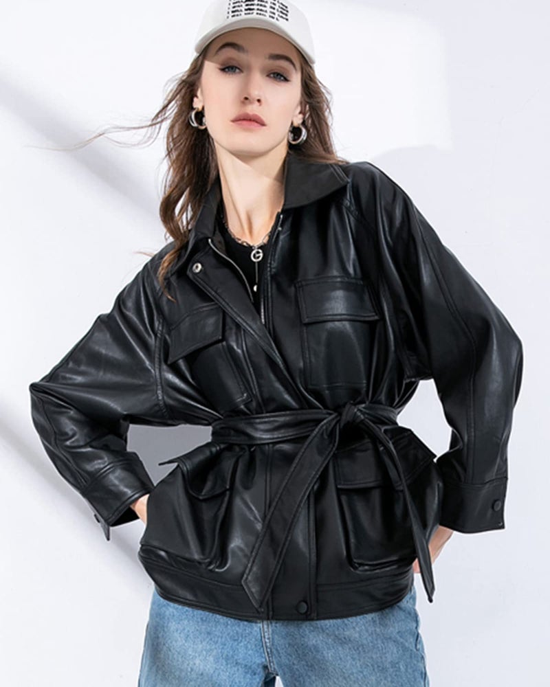 LY VAREY LIN Women Faux Leather Belted Shirt Jacket Lapel Blazer Coat with Bust Pocket - Image 2