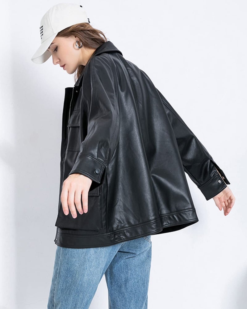 LY VAREY LIN Women Faux Leather Belted Shirt Jacket Lapel Blazer Coat with Bust Pocket - Image 5