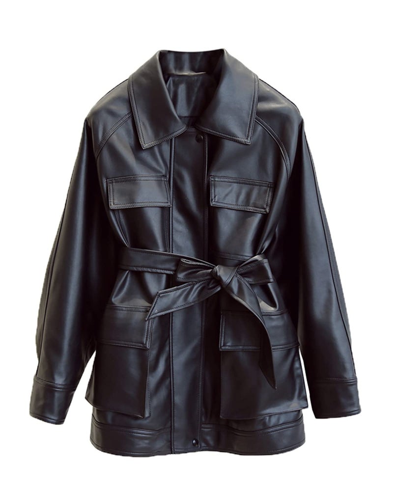 LY VAREY LIN Women Faux Leather Belted Shirt Jacket Lapel Blazer Coat with Bust Pocket - Image 1