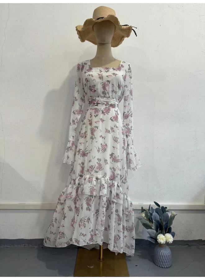 Europe And America 2024 Summer Cross-border Chiffon Floral Lotus Leaf Sleeve Long Stitching Irregular Dress 