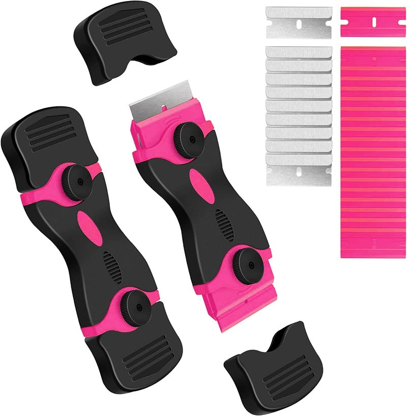 DEKEones Razor Blade Scraper, 2 Pack Double Edged Razor blade Scraper Tool with 30 Pcs Razor Blades, Glass Scraper for Windows, Decals, Tint, Stickers, Labels, Caulk, Adhesive（Pink） - Image 1