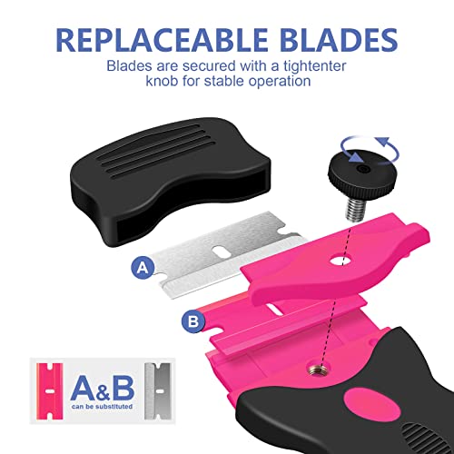 DEKEones Razor Blade Scraper, 2 Pack Double Edged Razor blade Scraper Tool with 30 Pcs Razor Blades, Glass Scraper for Windows, Decals, Tint, Stickers, Labels, Caulk, Adhesive（Pink） - Image 2