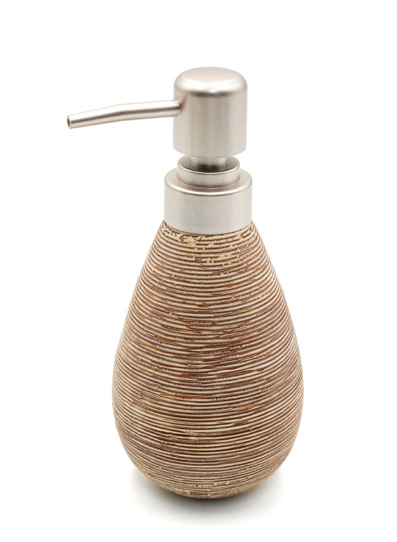 بيرام موزع صابون سيراميك Beram Stripes – زجاجة لوشن قابلة لإعادة التعبئة بتصميم مخطط | ملحق حديث للحمام أو المطبخ بسعة 400 مللي لتخزين صابون اليدين أو اللوشن أو المطهر (ذهبي وبني) - Image 1