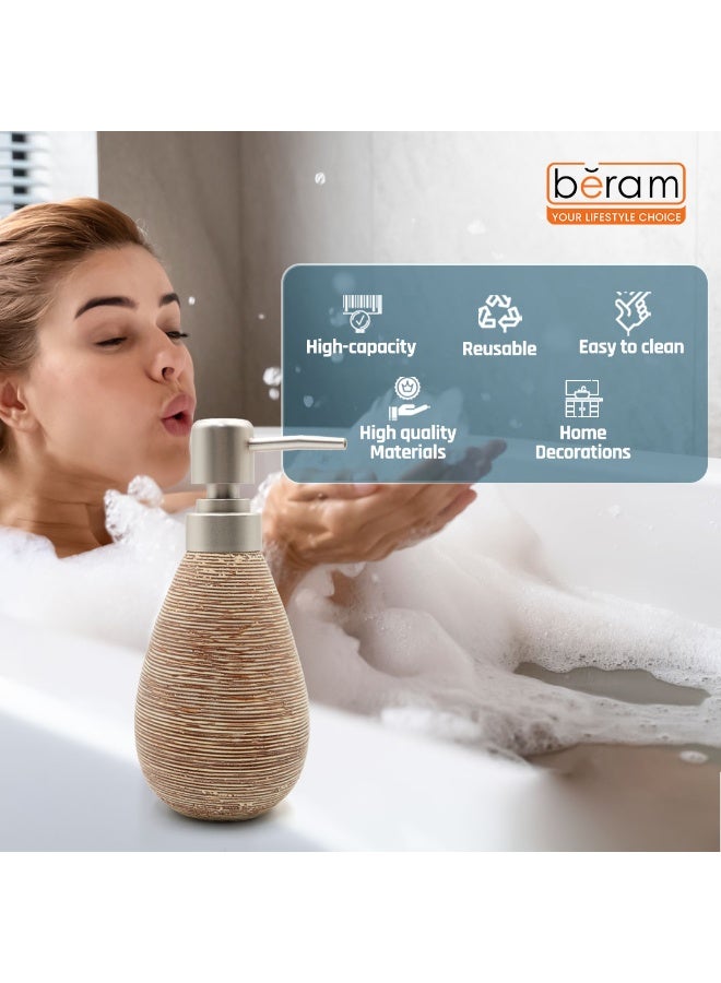 بيرام موزع صابون سيراميك Beram Stripes – زجاجة لوشن قابلة لإعادة التعبئة بتصميم مخطط | ملحق حديث للحمام أو المطبخ بسعة 400 مللي لتخزين صابون اليدين أو اللوشن أو المطهر (ذهبي وبني) - Image 2