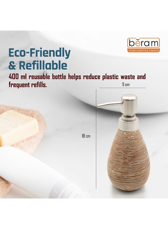 بيرام موزع صابون سيراميك Beram Stripes – زجاجة لوشن قابلة لإعادة التعبئة بتصميم مخطط | ملحق حديث للحمام أو المطبخ بسعة 400 مللي لتخزين صابون اليدين أو اللوشن أو المطهر (ذهبي وبني) - Image 3