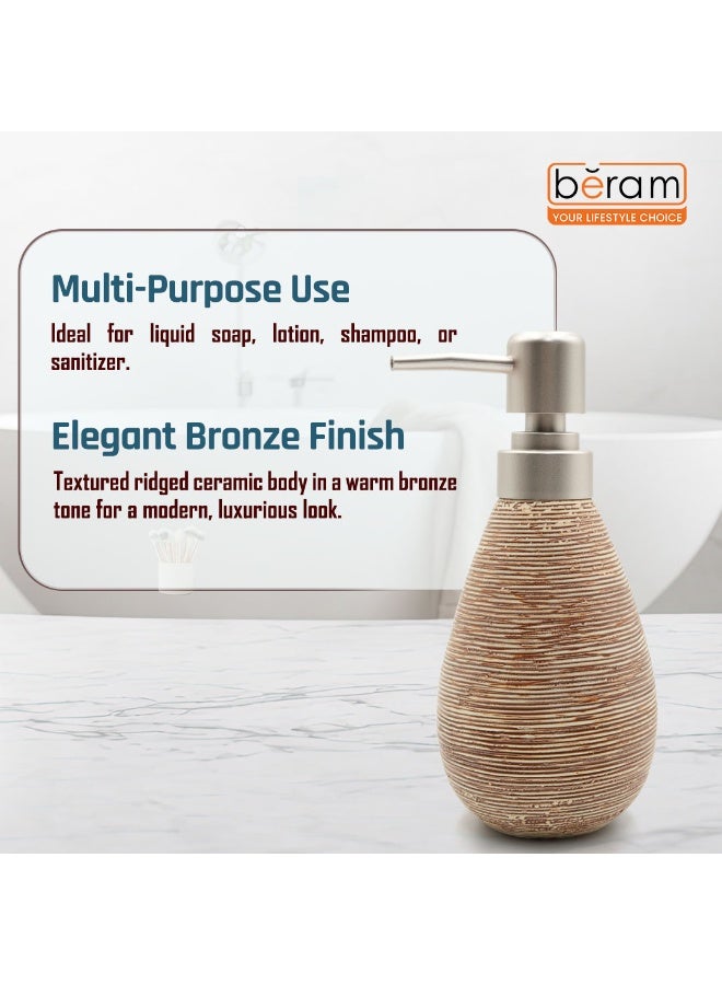بيرام موزع صابون سيراميك Beram Stripes – زجاجة لوشن قابلة لإعادة التعبئة بتصميم مخطط | ملحق حديث للحمام أو المطبخ بسعة 400 مللي لتخزين صابون اليدين أو اللوشن أو المطهر (ذهبي وبني) - Image 5