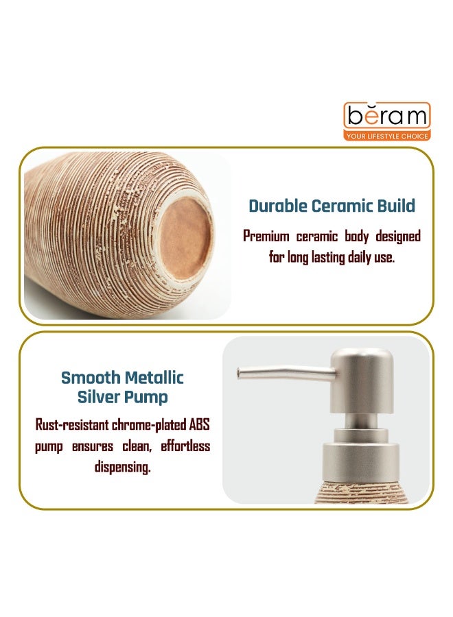 بيرام موزع صابون سيراميك Beram Stripes – زجاجة لوشن قابلة لإعادة التعبئة بتصميم مخطط | ملحق حديث للحمام أو المطبخ بسعة 400 مللي لتخزين صابون اليدين أو اللوشن أو المطهر (ذهبي وبني) - Image 4