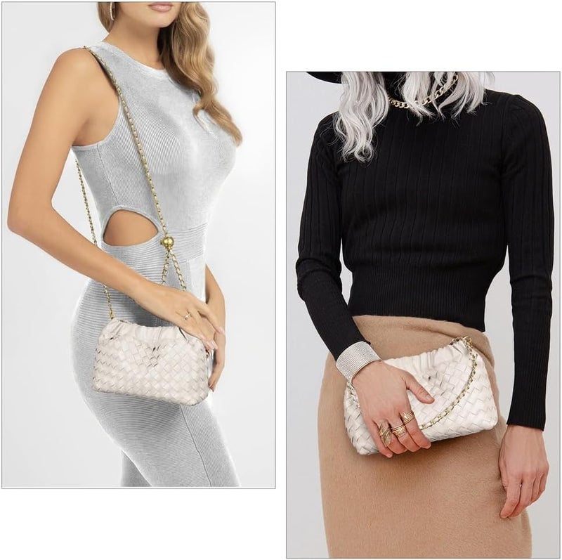 حقيبة كروس بودي صغيرة للنساء عصرية، حقيبة دملين كلاتش للنساء حقيبة مسائية حقيبة سحاب من جلد نباتي، بيضاء - Image 4