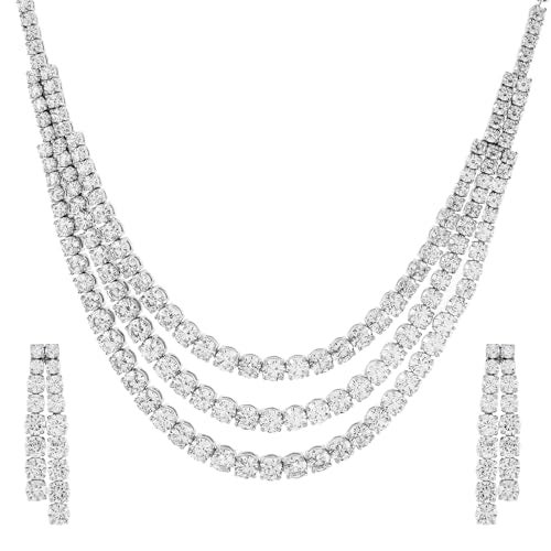 VOYLLA Sparkling Elegance Stardust Symphony American Diamond Necklace Set for Women, Short, Wedding, Party, Gift, CZ - Image 1