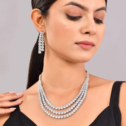 VOYLLA Sparkling Elegance Stardust Symphony American Diamond Necklace Set for Women, Short, Wedding, Party, Gift, CZ - Image 3