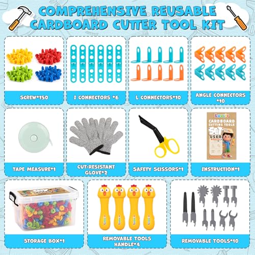 Luucio 196 PCS Cardboard Cutter for Kids Reusable Safe Cardboard Tools for Kids with Box Gloves Screws Connectors Screwdrivers Saws Educational Toys for 5 6 7 8 Year Old Birthday Gift for Boys Girls - Image 5