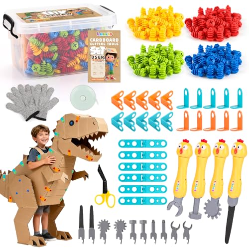 Luucio 196 PCS Cardboard Cutter for Kids Reusable Safe Cardboard Tools for Kids with Box Gloves Screws Connectors Screwdrivers Saws Educational Toys for 5 6 7 8 Year Old Birthday Gift for Boys Girls - Image 1