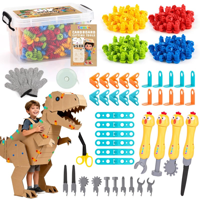 Luucio 196 PCS Cardboard Cutter for Kids Reusable Safe Cardboard Tools for Kids with Box Gloves Screws Connectors Screwdrivers Saws Educational Toys for 5 6 7 8 Year Old Birthday Gift for Boys Girls - Image 3