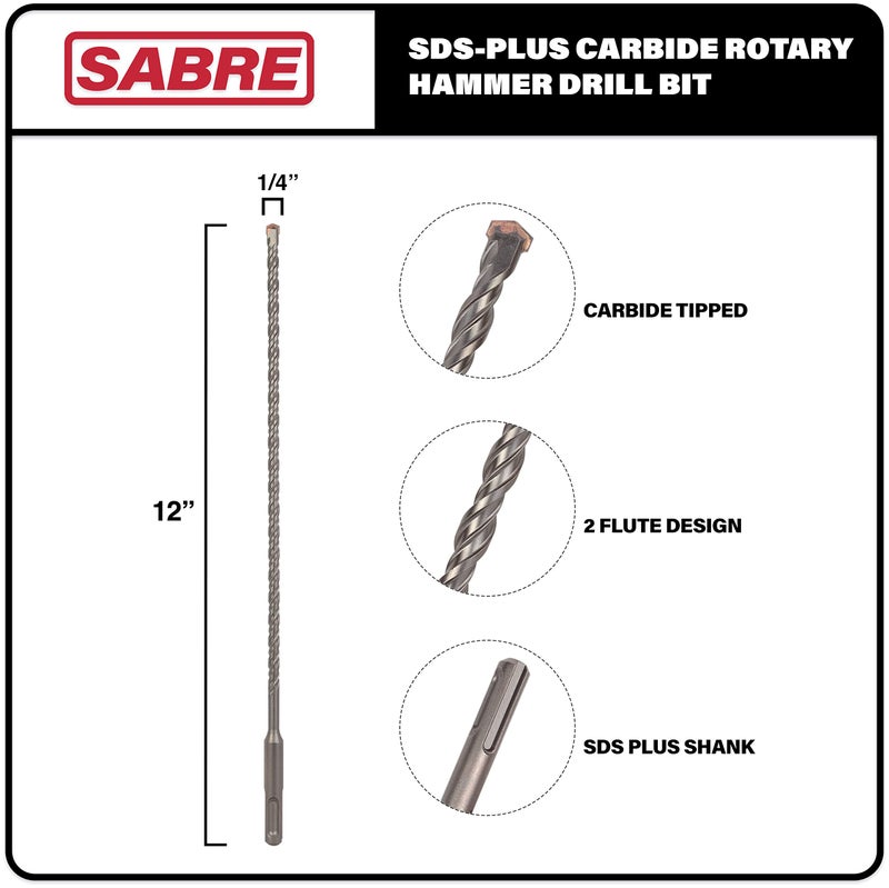 Sabre Tools 1/4 Inch x 12 Inch SDS Plus Rotary Hammer Drill Bit, Carbide Tipped for Brick, Stone, and Concrete Version 2 (1/4" x 10" x 12") - Image 2