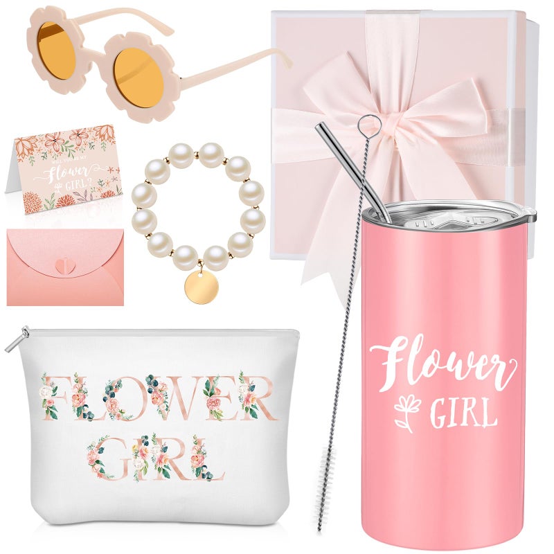 Inbagi 7 Pcs Flower Girl Gift Set Flower Girl Proposal Gifts Include Tumbler Card Kids Sunglasses Canvas Bag Bracelet Envelope Bride Gift Box for Wedding Engagement Party