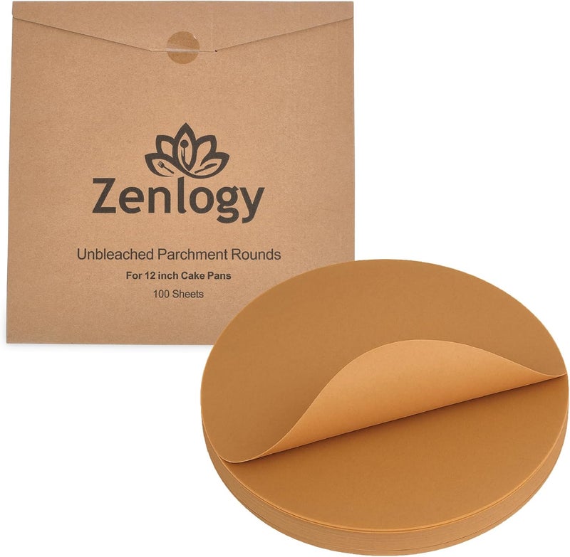 Zenlogy 12 Inch Parchment Paper Rounds (100 Sheets) - Unbleached, Pre-cut, High Heat, Round Liners - Fits 12 inch Round Cake Pans, Pizza Pans, and Air Fryer - Image 1