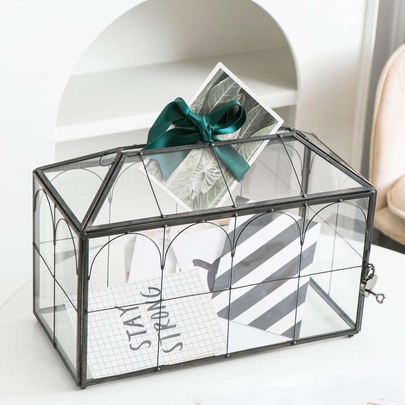 Giadun Wedding Card Box with Slot, 12.6'' Large Glass Card Boxes for Reception, Black Geometric Holder, Clear Decorative Storage Box with Lock for Baby Shower, Birthday Party, Christmas, Bridal Shower - Image 3