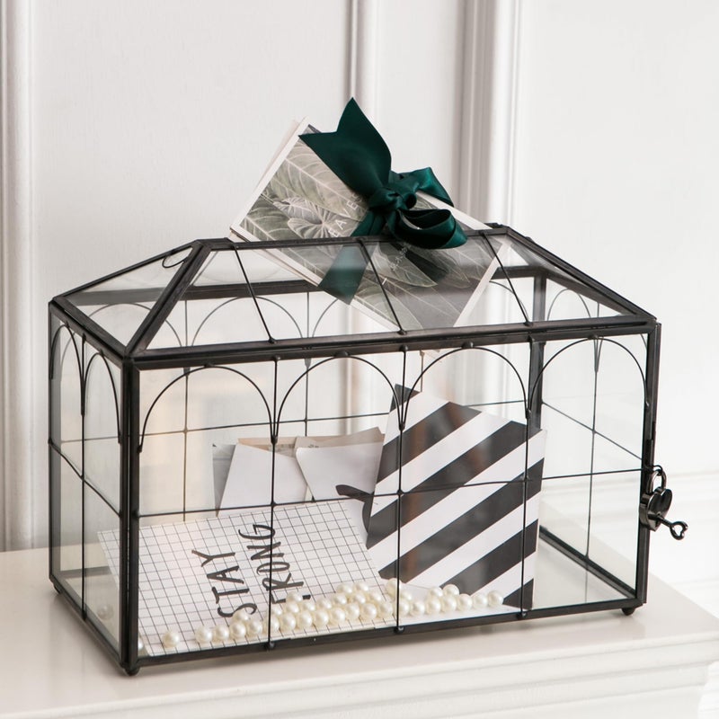 Giadun Wedding Card Box with Slot, 12.6'' Large Glass Card Boxes for Reception, Black Geometric Holder, Clear Decorative Storage Box with Lock for Baby Shower, Birthday Party, Christmas, Bridal Shower - Image 1