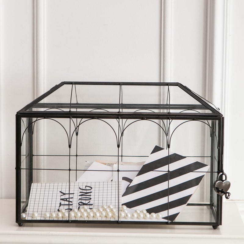 Giadun Wedding Card Box with Slot, 12.6'' Large Glass Card Boxes for Reception, Black Geometric Holder, Clear Decorative Storage Box with Lock for Baby Shower, Birthday Party, Christmas, Bridal Shower - Image 2