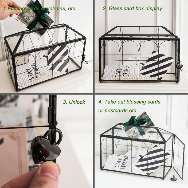 Giadun Wedding Card Box with Slot, 12.6'' Large Glass Card Boxes for Reception, Black Geometric Holder, Clear Decorative Storage Box with Lock for Baby Shower, Birthday Party, Christmas, Bridal Shower - Image 5