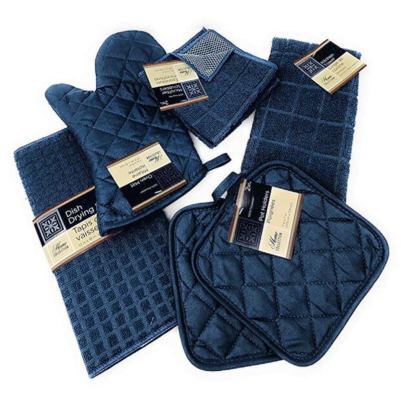 Kitchen Towel Set with 2 Quilted Pot Holders Oven Mitt Dish Towel Dish Drying Mat 2 Microfiber Scrubbing Dishcloths Blue