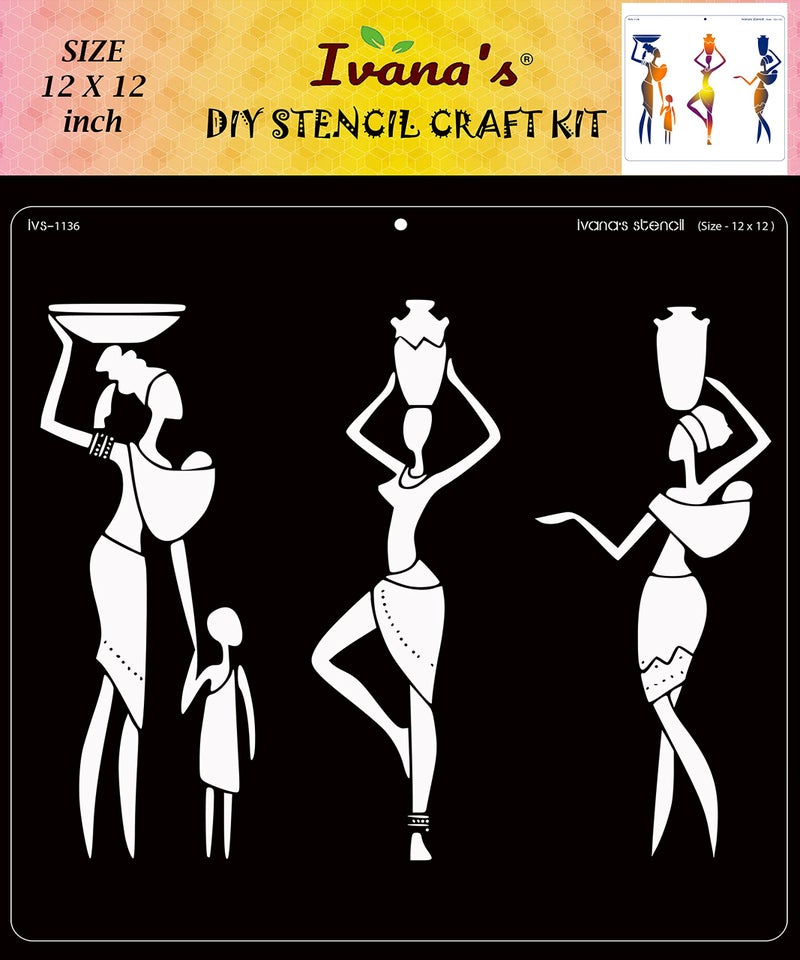 IVANA'S Tribal Art Stencil for Art & Craft, Reusable DIY Decorative Stencil for Painting on Canvas, Fabric, Cloth, Paper, Glass, Furniture and Wall, Size - 12 x 12 inch, IVS-1136,Off White - Image 1