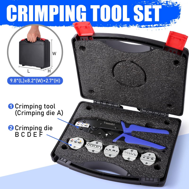 Vesmikit Crimping Tool Set 6PCS - Ratchet Wire Crimping Tool for Heat Shrink,Insulated Nylon,Non-Insulated,wire ferrules,Open Barrel Terminals,Solar Connectors - Crimper with 6 Interchangeable Die - Image 3