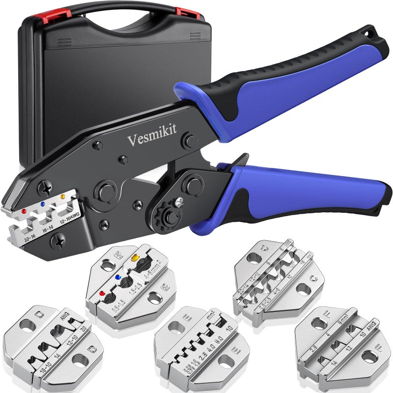 Vesmikit Crimping Tool Set 6PCS - Ratchet Wire Crimping Tool for Heat Shrink,Insulated Nylon,Non-Insulated,wire ferrules,Open Barrel Terminals,Solar Connectors - Crimper with 6 Interchangeable Die - Image 1