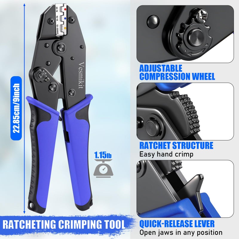 Vesmikit Crimping Tool Set 6PCS - Ratchet Wire Crimping Tool for Heat Shrink,Insulated Nylon,Non-Insulated,wire ferrules,Open Barrel Terminals,Solar Connectors - Crimper with 6 Interchangeable Die - Image 4