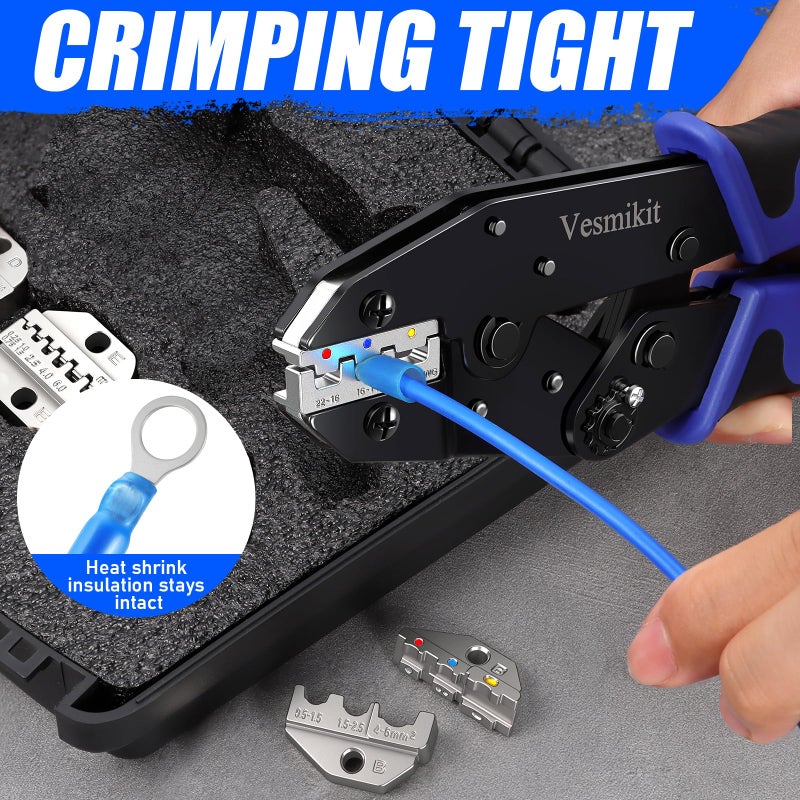 Vesmikit Crimping Tool Set 6PCS - Ratchet Wire Crimping Tool for Heat Shrink,Insulated Nylon,Non-Insulated,wire ferrules,Open Barrel Terminals,Solar Connectors - Crimper with 6 Interchangeable Die - Image 5