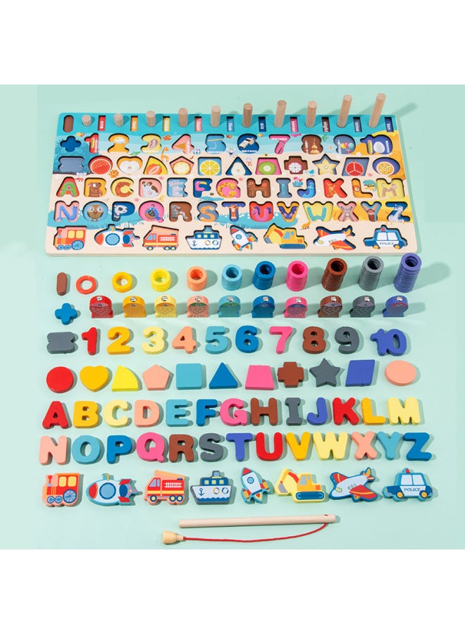 Children's Toys Wooden Magnetic Fishing Boy Little Girl Intelligence Development Baby Educational Early Education Wooden Building Blocks-Color:Seven-in-one Digital Alphabet Traffic Logarithmic Board - Image 5