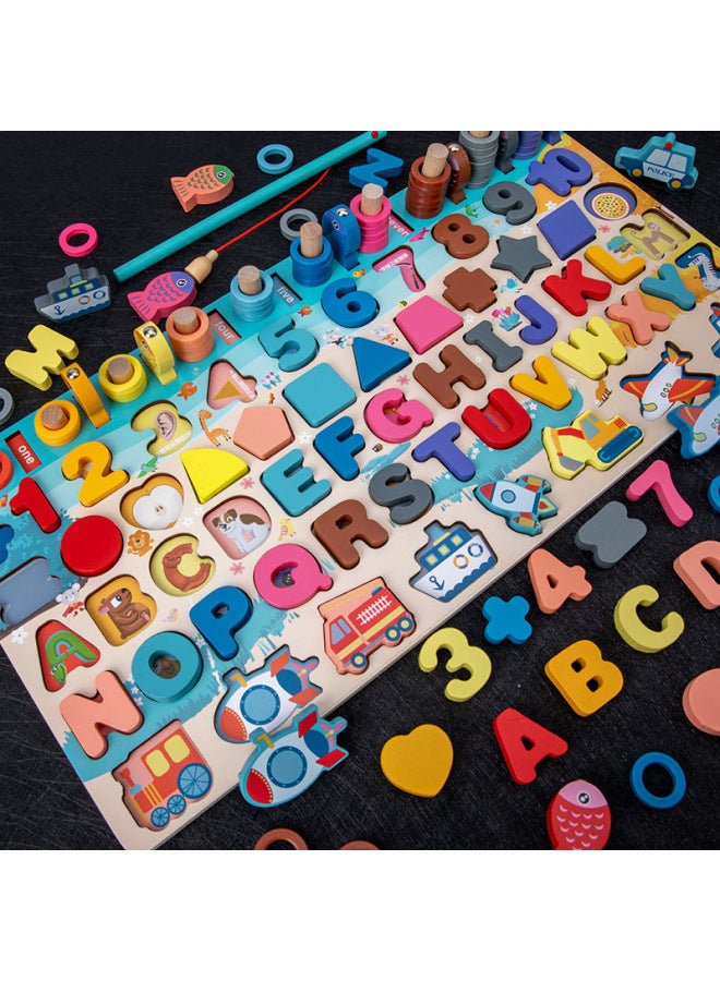 Children's Toys Wooden Magnetic Fishing Boy Little Girl Intelligence Development Baby Educational Early Education Wooden Building Blocks-Color:Seven-in-one Digital Alphabet Traffic Logarithmic Board - Image 3