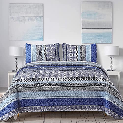 WONGS BEDDING Boho Quilt Set Twin Size Blue Bohemian 2 Pieces Quilt Sets Lightweight Bedspread Coverlet Bedding Set for All Season 68x86 - Image 1