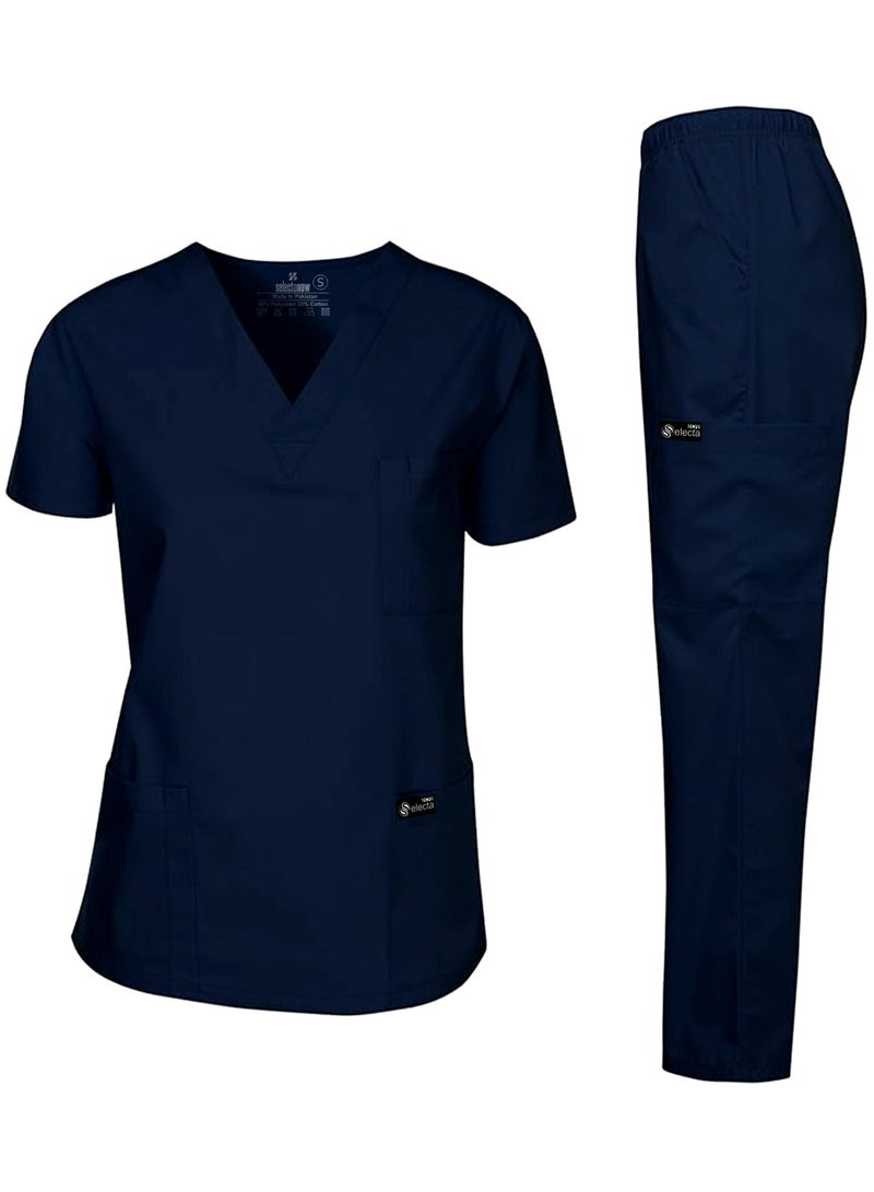 Selecta Now Mens & Womens Medical Scrubs Set V Neck Top & Elastic Waist Bottom Navy Breathable Workwear Scrubs Suit for Nurses, Doctors, & Healthcare Professionals - Image 2
