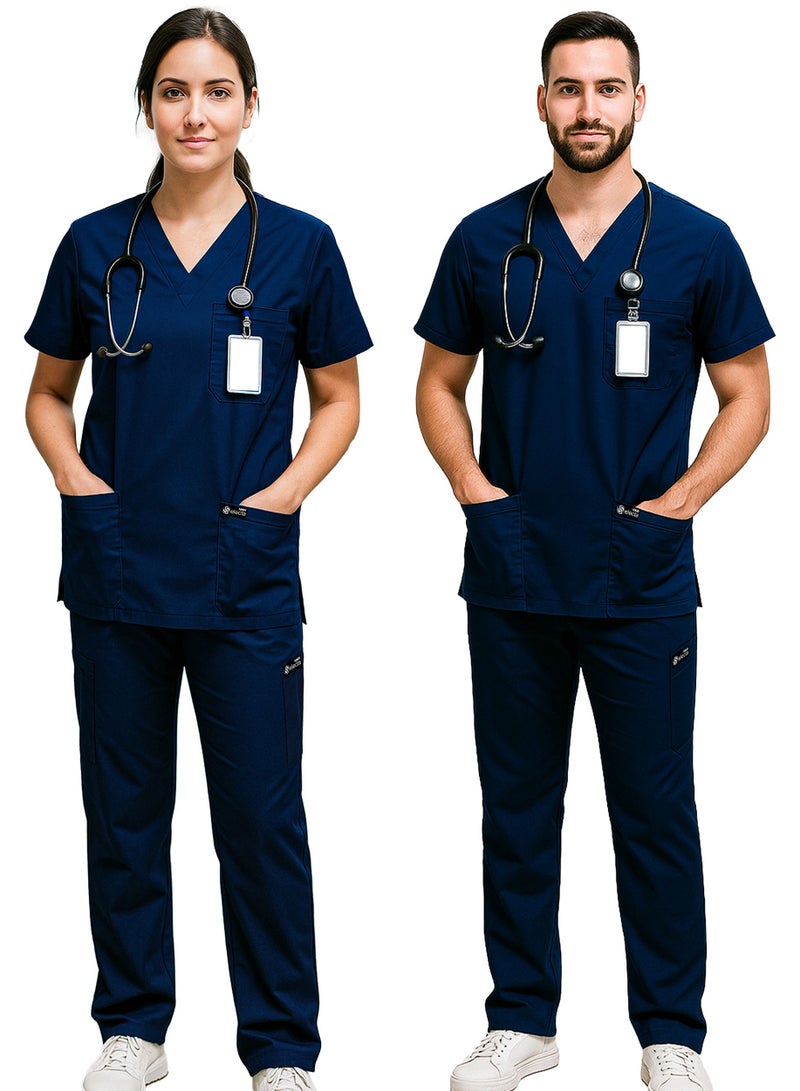 Selecta Now Mens & Womens Medical Scrubs Set V Neck Top & Elastic Waist Bottom Navy Breathable Workwear Scrubs Suit for Nurses, Doctors, & Healthcare Professionals - Image 1