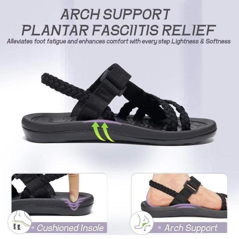 MEGNYA Comfortable Arch Support Walking Shoes for Womens, Hiking Sandals for Outdoor Lightweight Braided Straps, Athletic Sandals with Hook and Loop Straps for Beach Vacation Black Size 8 - Image 4