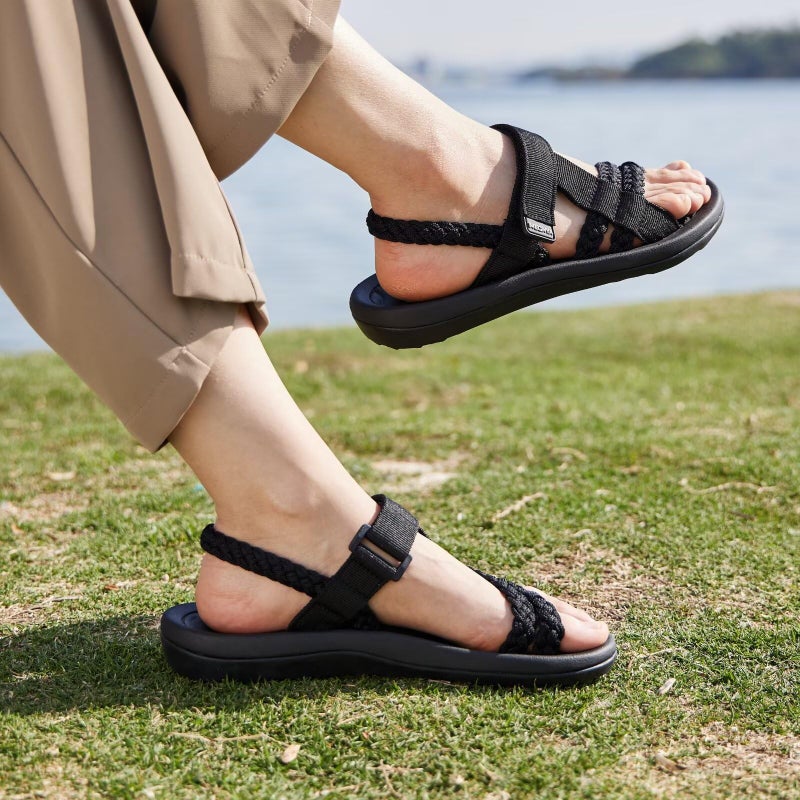 MEGNYA Comfortable Arch Support Walking Shoes for Womens, Hiking Sandals for Outdoor Lightweight Braided Straps, Athletic Sandals with Hook and Loop Straps for Beach Vacation Black Size 8 - Image 2
