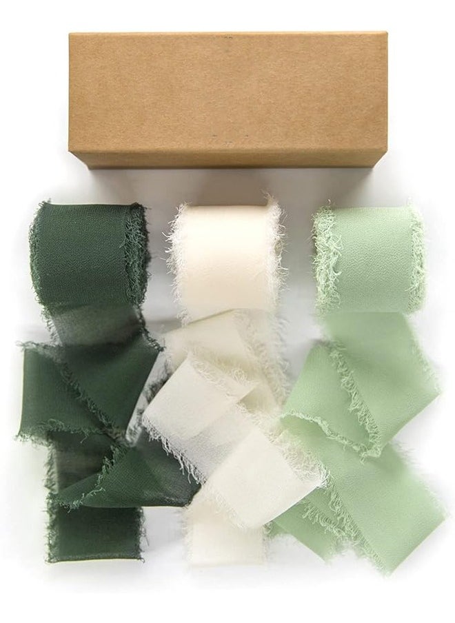 Zeemey 3 Rolls Handmade Fringe Chiffon Silk Ribbon 1 1/2 Inch x 7Yd Cream & Green Ribbons Set for Wedding Invitations Bridal Bouquets Gifts Wrapping DIY Crafts(4cm*5m)  - Image 1