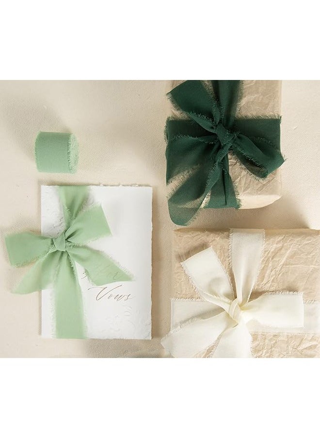 Zeemey 3 Rolls Handmade Fringe Chiffon Silk Ribbon 1 1/2 Inch x 7Yd Cream & Green Ribbons Set for Wedding Invitations Bridal Bouquets Gifts Wrapping DIY Crafts(4cm*5m)  - Image 3