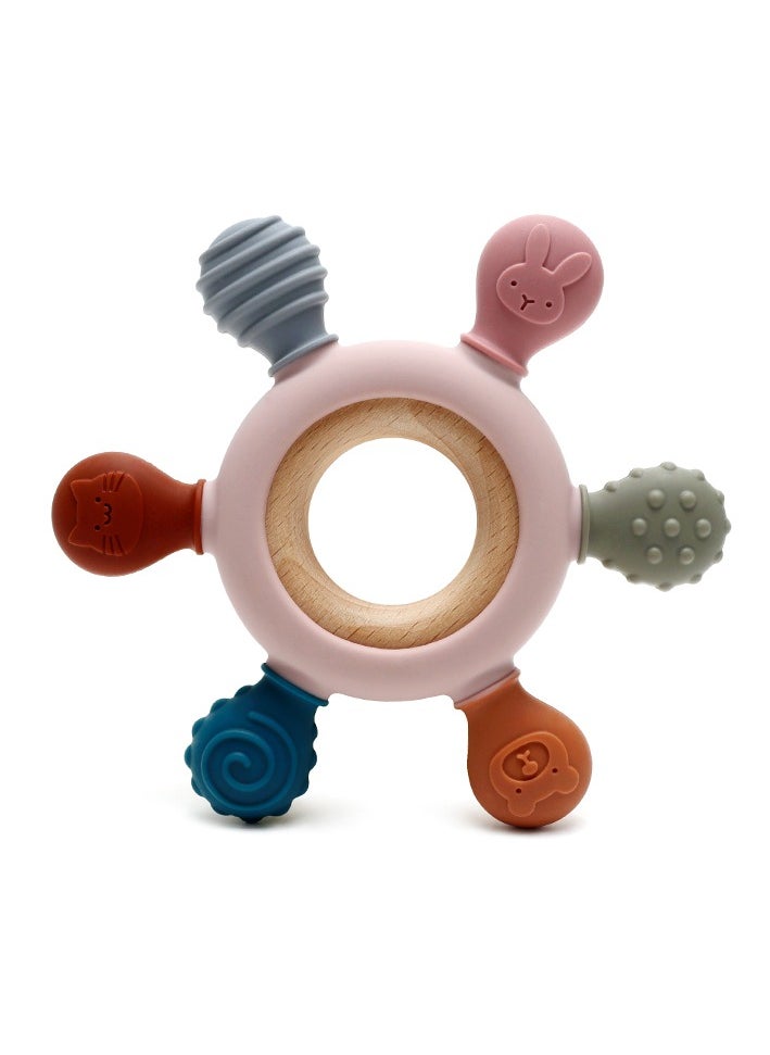 Twisoo Twisoo Baby Teething Toys - Silicone Rudder Toy with Wooden Rings for Soothing Teething Pain Relief - Shower Gift for lnfants & Toddlers 3+ Months ( Pink )  - Image 1