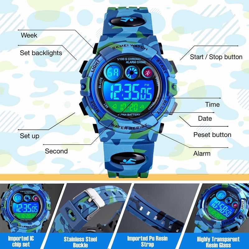 cofuo Kids Digital Sport Watch for Boys Girls, Kid Waterproof Electronic Multi Function Casual Outdoor Watches, 7 Colorful LED Luminous Alarm Stopwatch Wristwatch - Image 1