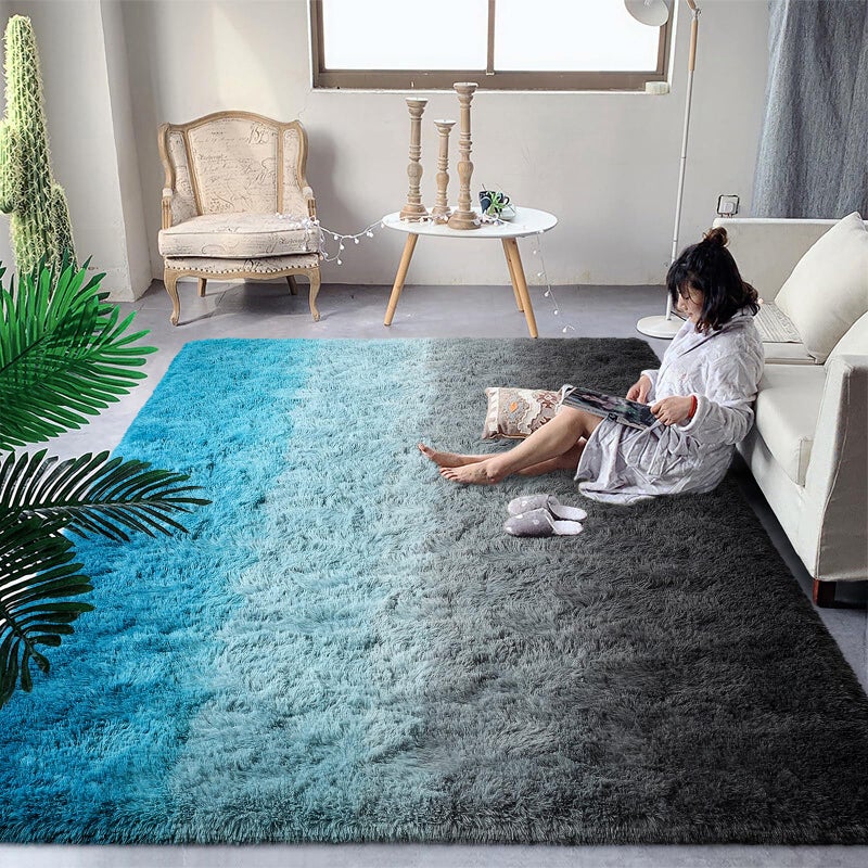 DweIke Luxury Fluffy Kids Rugs for Living Room Bedroom, 4x6 Feet Shaggy Black and Blue Area Rug for Girls Boys, Upgrade Plush Non-Slip and Washable Colorful Fuzzy Carpet for Dorm Nursery Decor - Image 1