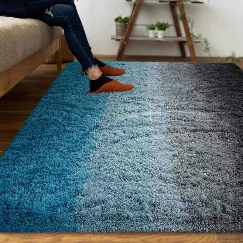 DweIke Luxury Fluffy Kids Rugs for Living Room Bedroom, 4x6 Feet Shaggy Black and Blue Area Rug for Girls Boys, Upgrade Plush Non-Slip and Washable Colorful Fuzzy Carpet for Dorm Nursery Decor - Image 2