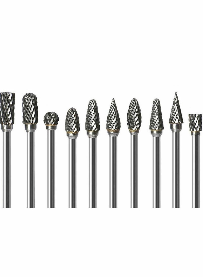 NIBEMINENT 10Pcs Double Sided Carbide Burr Set 1/8" (3mm) Shank, 1/4" Bit Head Length Tungsten Steel for Wood Carving Metal Working and Polishing 